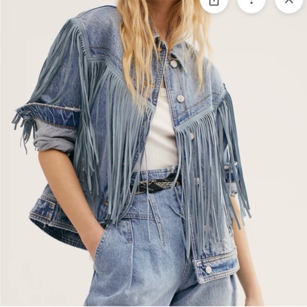 NWOT Free People We The Free‎ After Hours Fringe Denim Trucker Jacket Womens l